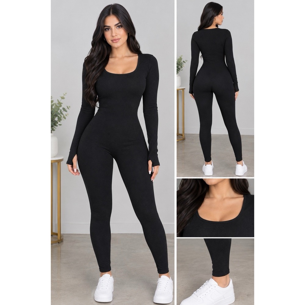 Soo Slick Black Ribbed Long Sleeve Jumpsuit Women Medium NWT⁠